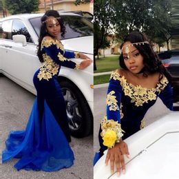 Royal Blue Off Shoulder 2k17 Prom Dresses With Gold Lace Appliques Long Sleeve Mermaid Evening Gowns African Chiffon Train Party D222D