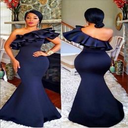 2020 Navy Blue Long Mermaid Bridesmaid Dresses One Shoulder Ruffles Satin Floor Length For Wedding African Women Formal Party Gown248q
