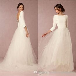 Cheap Stunning Winter Wedding Dresses A Line Satin Top Backless 2019 Bridal Gowns with Sleeves Simple Design Soft Tulle Skirt Swee190H