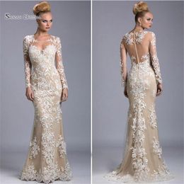 Modest Mermaid Evening Dresses Long Sleeves Lace Appliques Formal Party Gowns Floor Length Bridal Guest Dress313W