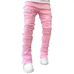Mens Jeans Regular Fit Stacked Patch Distressed Destroyed Straight Denim Pants Streetwear Clothes Casual Jean 0EBA