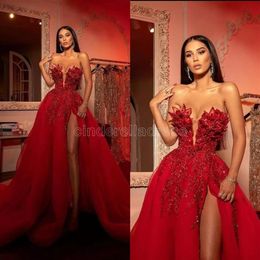 2022 Red Arabic Aso Ebi Lace Stylish Luxurious Prom Dresses Beaded Crystals Sexy Evening Formal Party Second Reception Gowns Dress275F