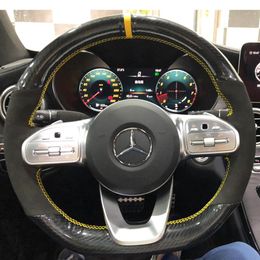 Fashion 5D Carbon Fiber&Suede Leather Yellow Marker Steering Wheel Hand Sewing Wrap Cover Fit for Mercedes-Benz A-Class W177 2018-275j
