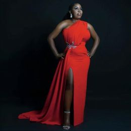 Red Long South African Prom Bridesmaid Dresses One Shoulder Side Slit Appliques Satin Black Women Party Dress Plus Size Evening Go223J