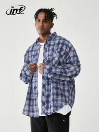 Men's Casual Shirts INFLATION Brushed Check Men Blue Plaid Long Sleeve Oversized Male Plus Size 230721