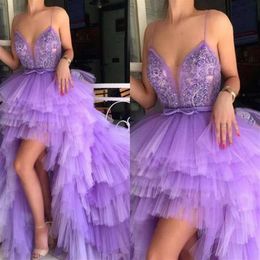 Most Popular High Low Prom Dresses Sexy Spaghetti Tiered Tulle Evening Gowns Homecoming Dresses Layers Sweep Train Cocktail Party 221m