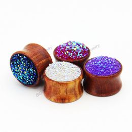 KUBOOZ Wood Red Sandalwood Solid Inlaid Crystal Teeth Tunnels Ear Piercing Plug Body Earring Jewellery Gauges Expander Stretcher Who259i