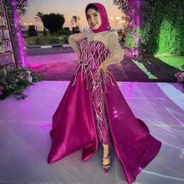 Elegant Jumpsuits Prom Dresses Pants Suit Fuchsia Long Sleeve Split Evening Party Gown Bead Detachable Train Outfit Celebrity Dres217s