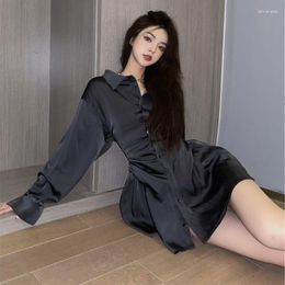 Casual Dresses 2023 Dress Women Slim Long Shirt Sleeve Summer Sexy Cute Black Mini A-line Woman Polo Neck Button Solid Colour T676