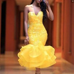 Chic Yellow Cocktail Party Dresses Sweetheart Lace African Short Prom Evening Gowns Tiered Ruffles Sexy Special Occasion Dress3058