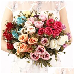 Decorative Flowers Wreaths Simation Silk Rose Artificial Bride Bouquet Pink Red Blue Purple Bridal Valentine Home Decor Drop Deliv Dhueb