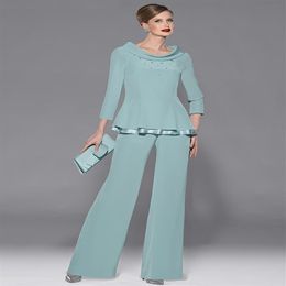 Graceful Mint Green Chiffon Mothers Pants Suit Jewel Neckline Long Sleeve With Beads And Sequins Two Pieces For Wedding Party Gues292n