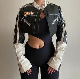 Women's Jackets Streetwear Women Leather Jacket Biker Shorts Letter Cyber Y2K Racing Bomber Embroidery Varsity Baseball Coat Clothes