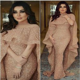 Designer Bling Mermaid Evening Gowns with Long Cape Glitter Glued Lace Illusion Arabic Middle East Custom Made Plus Size Trumpet P311m