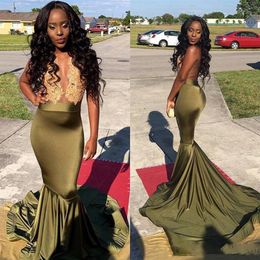 Olive Green African Prom Dresses 2k17 Gold Lace Appliques Satin Mermaid Evening Gowns Black Girl Cocktail Formal Party Dress254m