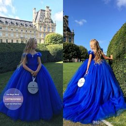 Cinderella Royal Blue Little Girls First Communion Birthday Pageant Dresses Off Shoulder Sweep Train Flower Girls Dress236m