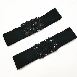 Belts Women's Runway Fashion Beaded Elastic Black Cummerbunds Female Dress Corsets Waistband Decoration Wide Belt R364