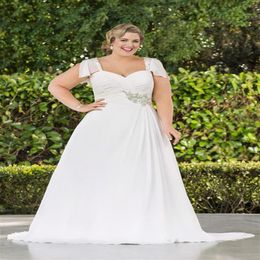 Plus Size Chiffon Wedding Dresses 2019 s New Custom Court Train Sweetheart Beads Crystals Pleats Cap Sleeve A-Line Bridal 300Z