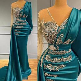 Teal Blue Mermaid Prom Formal Dress with Long Sleeve 2022 Pleated Stain Beaded Arabic Aso Ebi Evening Gowns vestidos de gala234F