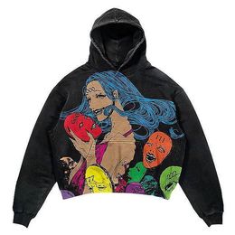 Men's Hoodies Sweatshirts Harajuku Street Comic Loose Hooded Sweater Y2K Autumn American Retro Print Skull Trend Ins Wind Couple Jacket 230721