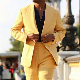 Linen Wedding Tuxedos Yellow Men Suits Blazer Slim Fit 2 Pieces Groom Dress Prom Party Suits Jacket Pants Custom Made233y