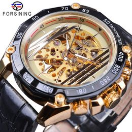 Forsining Golden Skeleton Clock Male Men's Automatic Self-wind Wrist Watches Top Brand Luxury Luminous Hands Black Band280E