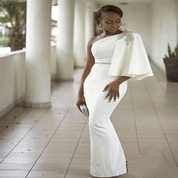 Evening Dresses Wear White One Shoulder Half Sleeves Mermaid Formal Beading African Dubai Women 2022 Long Sheath Prom Robe De Soir250D