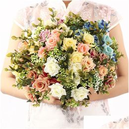 Decorative Flowers Wreaths Silk Rose Artificial Curled Bouquet Bride Bridesmaid Holding Flower Office Home Table Decoration Drop D Dhgeq