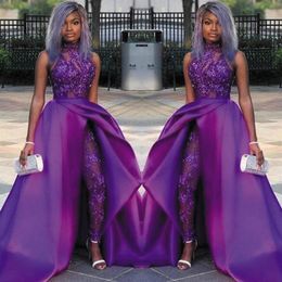 Sexy Purple Evening Dresses Blingbling Lace Beading Illusion Long Prom Gowns Satin Overskirts Black African Long Jumpsuits264y