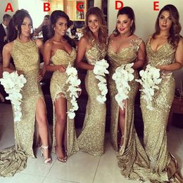 Sparkly Bling Gold Sequined Mermaid Bridesmaid Dresses Backless Slit Plus Size Maid Of The Honour Gowns Wedding Dress211x