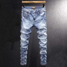 Men's Jeans Streetwear Fashion Men Retro Light Blue Elastic Slim Fit Ripped Trousers Printed Designer Hip Hop Denim Pants