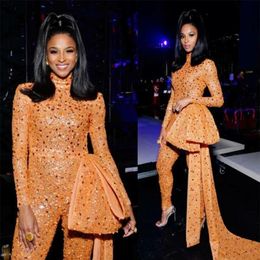 High Neck Jumpsuits Beaded Prom Dresses Luxury Long Sleeve Arabic Gold Formal Dress Evening Gowns Robe De Soiree214U