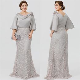 Silver Plus Size Mermaid Lace Mother Of The Bride Dresses With Half Sleeves Bateau Neck Wedding Guest Dress Floor Length Evening G296c