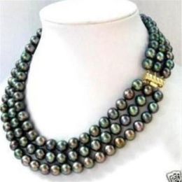 3 row 7-8MM Black akoya Pearl Necklace 17-19inch208T