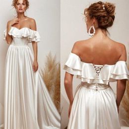 Abiti da sposa vintage con spalle scoperte Manica corta Corsetto posteriore Perline Vita Lunghezza pavimento Una linea Abiti da sposa Custom Plus Size278W