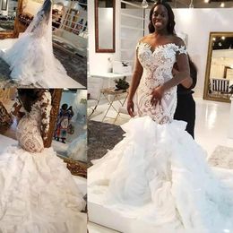 2021 Designer Mermaid Lace Wedding Dresses African Dubai Long Plus Size Bridal Gowns Illusion Long Sleeves Court Train Wedding Wea2323