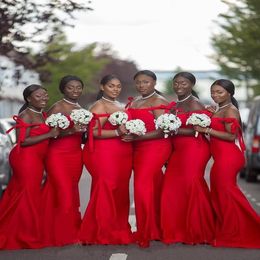 Red African Black Girl Bridesmaid Dresses Mermaid Sexy Off the shoulder Sleeveless Floor Length Satin Plus Size Dress for wed 219I