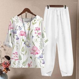 Women's Two Piece Pants Chic Women T-shirt Set Round Neck Comfortable Homewear Lady Summer Outfit Top Trousers Suit Garment