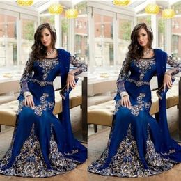 Luxury Arabic Islamic Evening Dresses Jewel Neck Embroidery Crystal Beaded Royal Blue Long Formal Dubai Abaya Party Dress Prom Gow272F