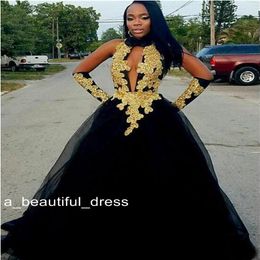 Fashion Black Gold Appliques Prom Dresses Halter Backless Bead Sequin Keyhole Evening Gown Organza Long Prom Dress ED1157301f