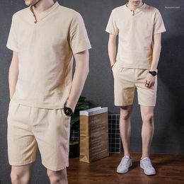 Men's Tracksuits 2023 Summer Fashion Solid Colour Cotton And Suit Casual Loose Comfortable High-Quality Large Size Two-Piece Set