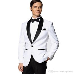 High Quality One Button White Groom Tuxedos Groomsmen Shawl Lapel Man Blazer Mens Wedding Suits Jacket Pants Tie H982211o