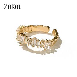 ZAKOL Korean Zircon Gold Colour Double Student Open Rings for Women Rectangle Index Finger Ring Wedding Party Girl Sexy Jewellery