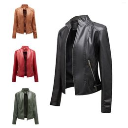 Women's Leather 2023 Simple Casual PU Coat Stand Up Collar Zipper Slim Motorcycle Suit Short Jacket Woman