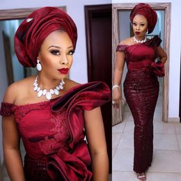 Nigerian Prom Dresses Sequin Elegant Full Sleeve Burgundy Evening Party Gowns Ruffle Applique Aso Ebi Evening Dress Peplum287B