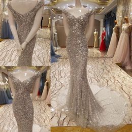 Vestidos Luxury Silver Mermaid Evening Formal Dress 2022 Sexy Bling Sequins Crystal Long Party Prom Gown Robe De Soiree Vestido De208C