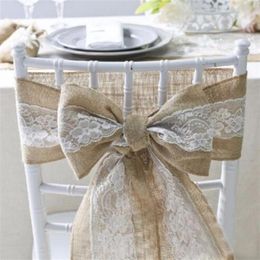15 240cm Nature Elegant Burlap Lace Chair Sashes Jute Chair Bow Tie For Rustic Wedding Event Decoration255V
