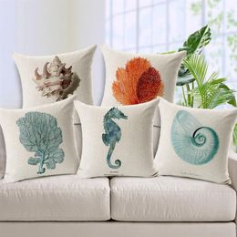 Cushion Cover Hippocampus Starfish Pillows Case Cotton Linen Capa Para Almofadas Nautical Style Hand Painted Decorative Pillow Cov204q