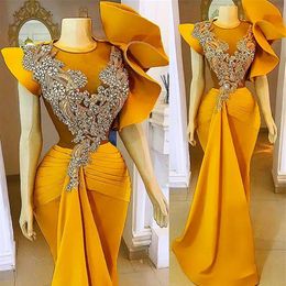 2022 Plus Size Arabic Aso Ebi Yellow Mermaid Stylish Prom Dresses Lace Beaded Crystals Evening Formal Party Second Reception Bride2817