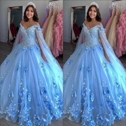 Light Blue New Sweet 16 Dresses Ball Gowns Hand Made Flowers Beaded Applique Vestidos De Quinceanera Dress With Wraps Prom Pageant280N